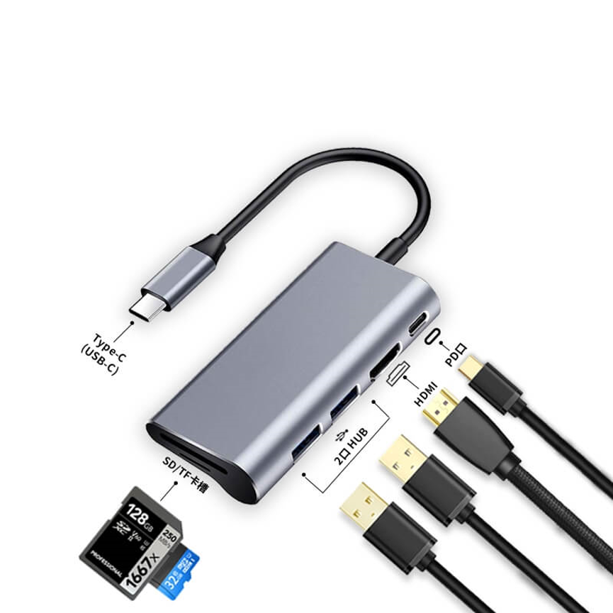 T299 6 in 1 USB hub with card reader and USB-C connection