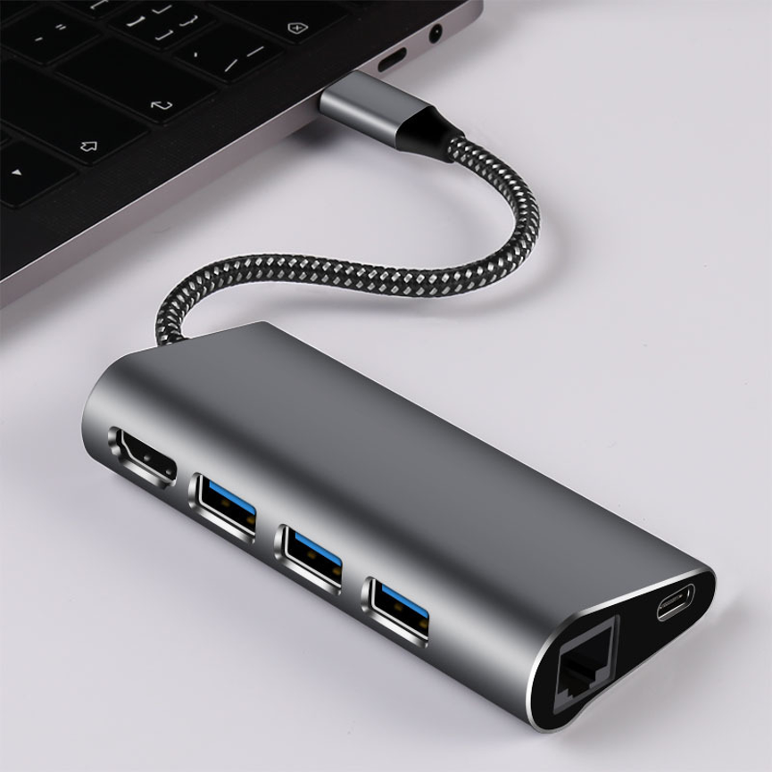 T291 USB 3.1 hub connected to laptop with HDMI and RJ45 ports