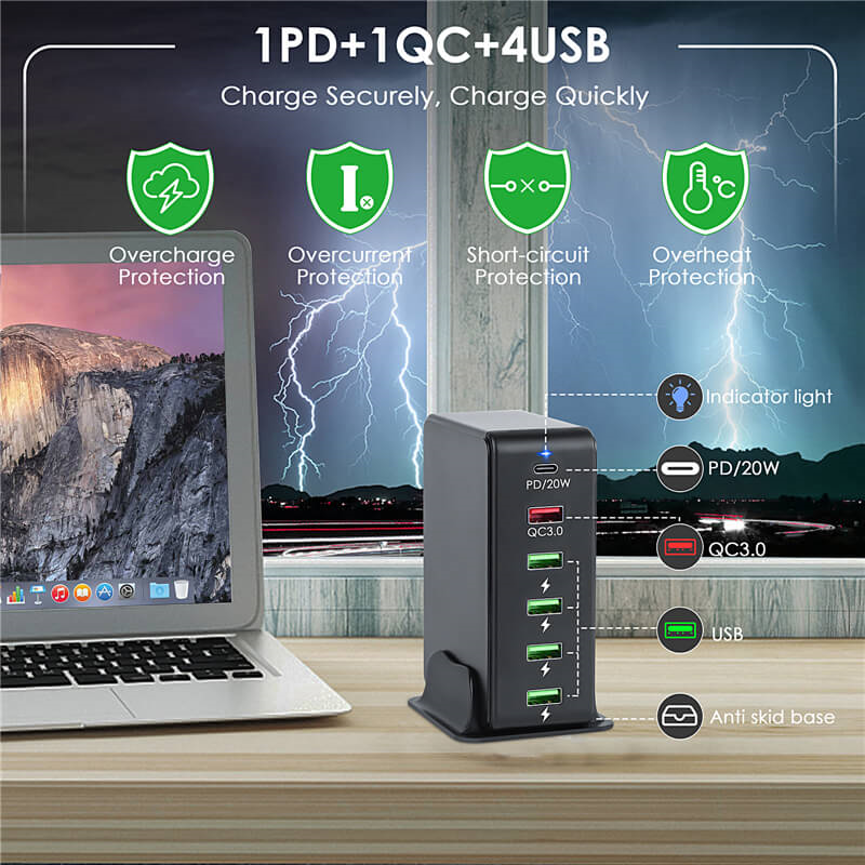 LC-818PD 6-Port USB Charger with PD QC3.0 and four USB ports