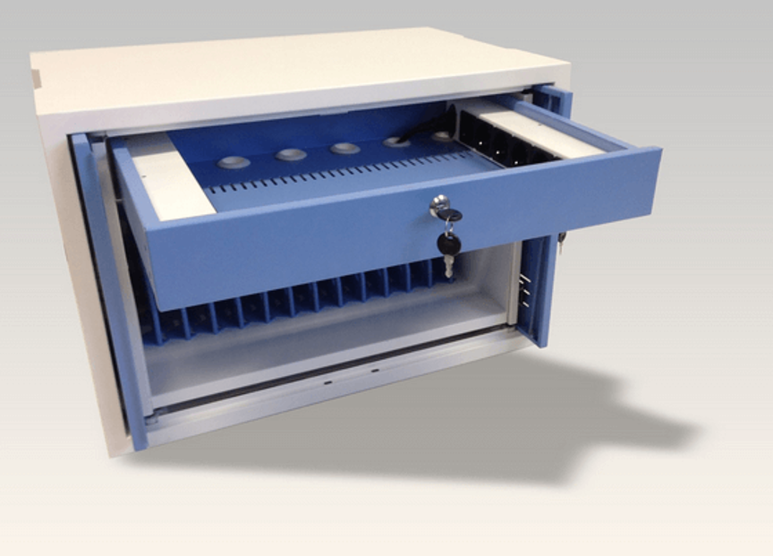 12-Device Charging Cabinet drawer and adapter storage