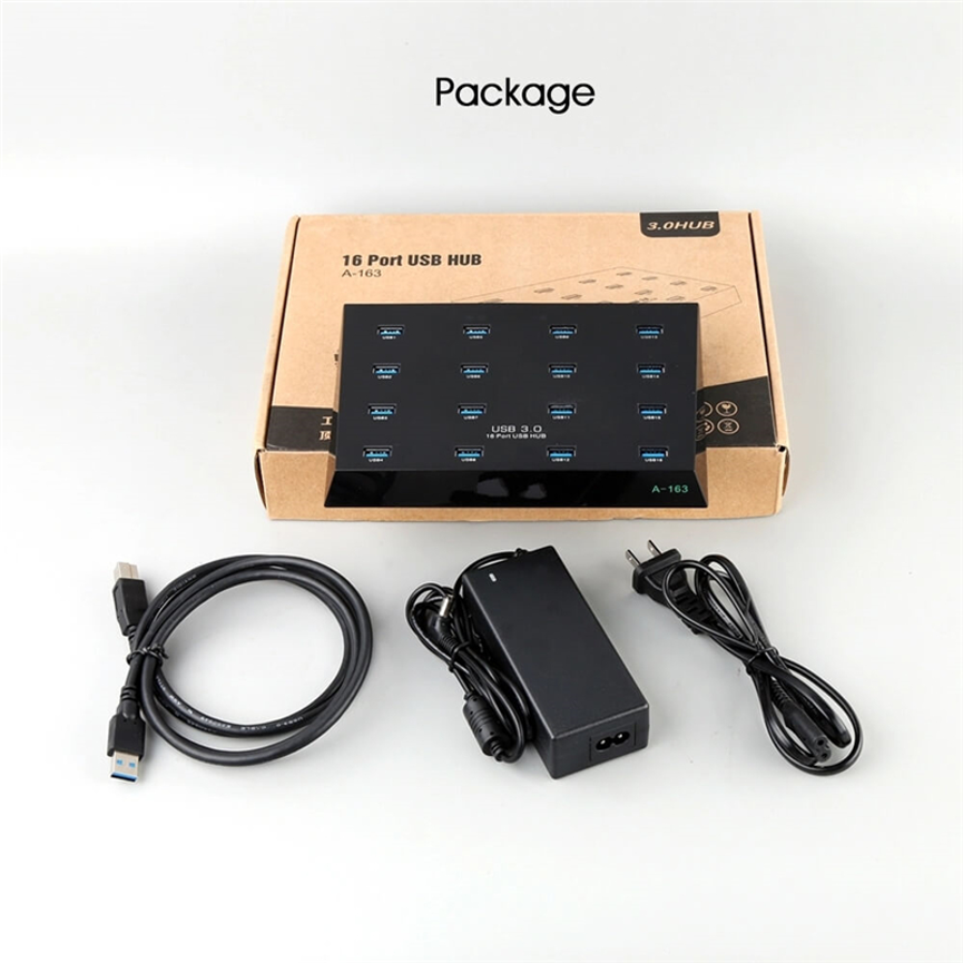 16 Port USB Duplicator package with power adapter and USB cable